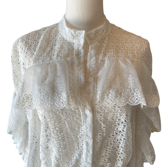 Self-Portrait - Ruffle Cutwork Lace Organza Top White US 4 - Picture 4 of 8